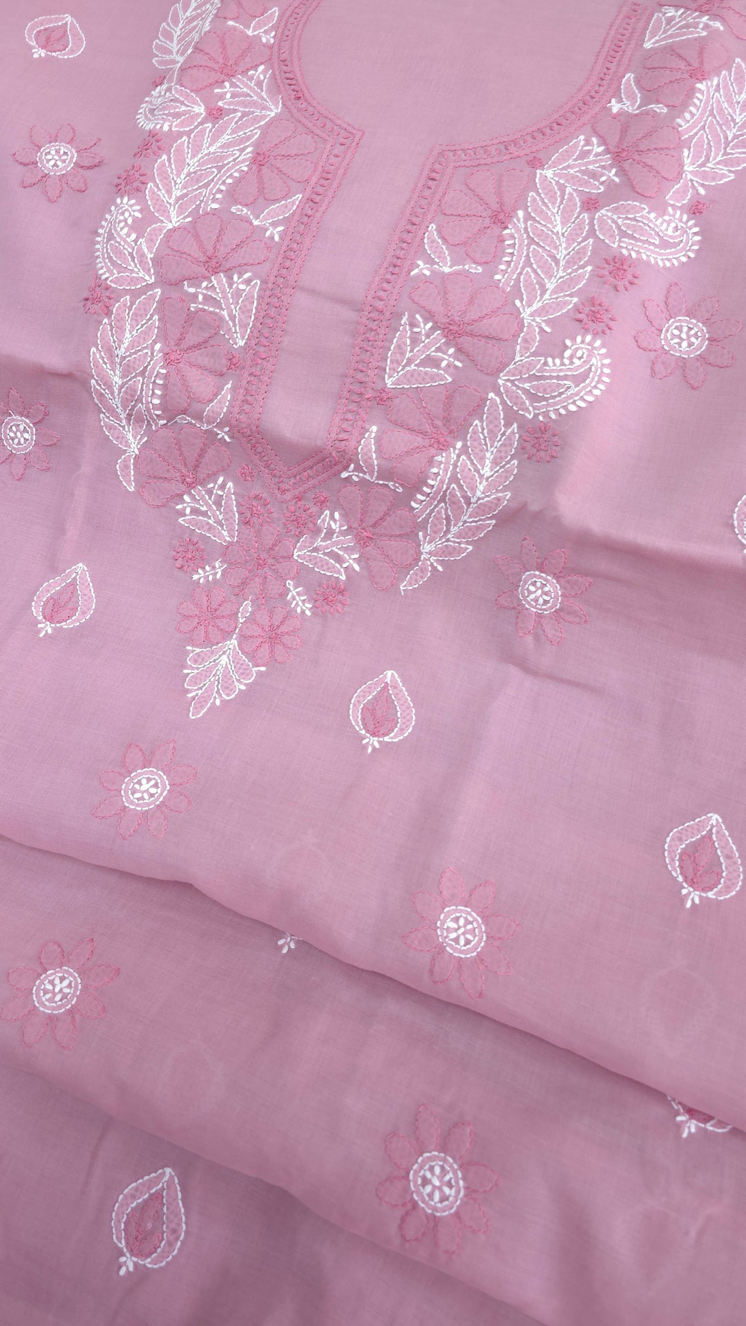Paridhan Chikan Premium Cool Cotton Chikankari Dress Material Set with Hand Embroidered Kurta, Bottom & Chiffon Dupatta with Handmade Crochet Border
