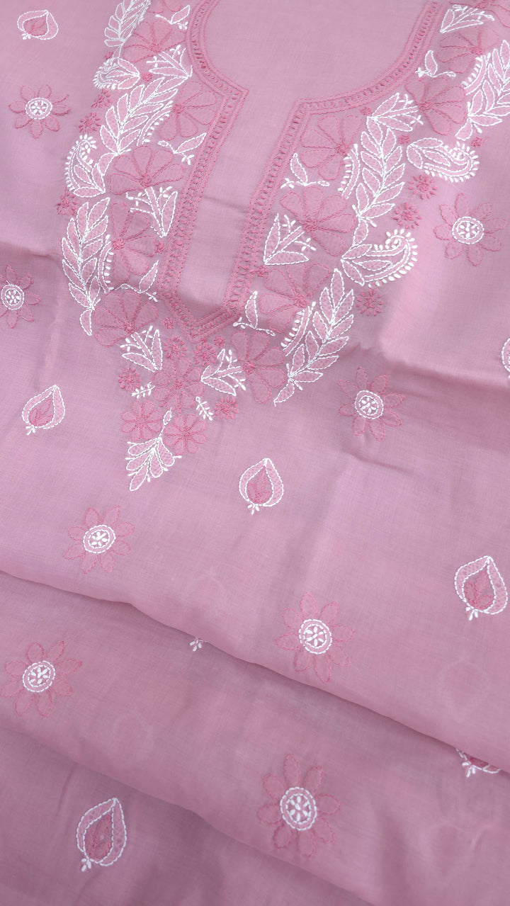 Paridhan Chikan Premium Cool Cotton Chikankari Dress Material Set with Hand Embroidered Kurta, Bottom & Chiffon Dupatta with Handmade Crochet Border