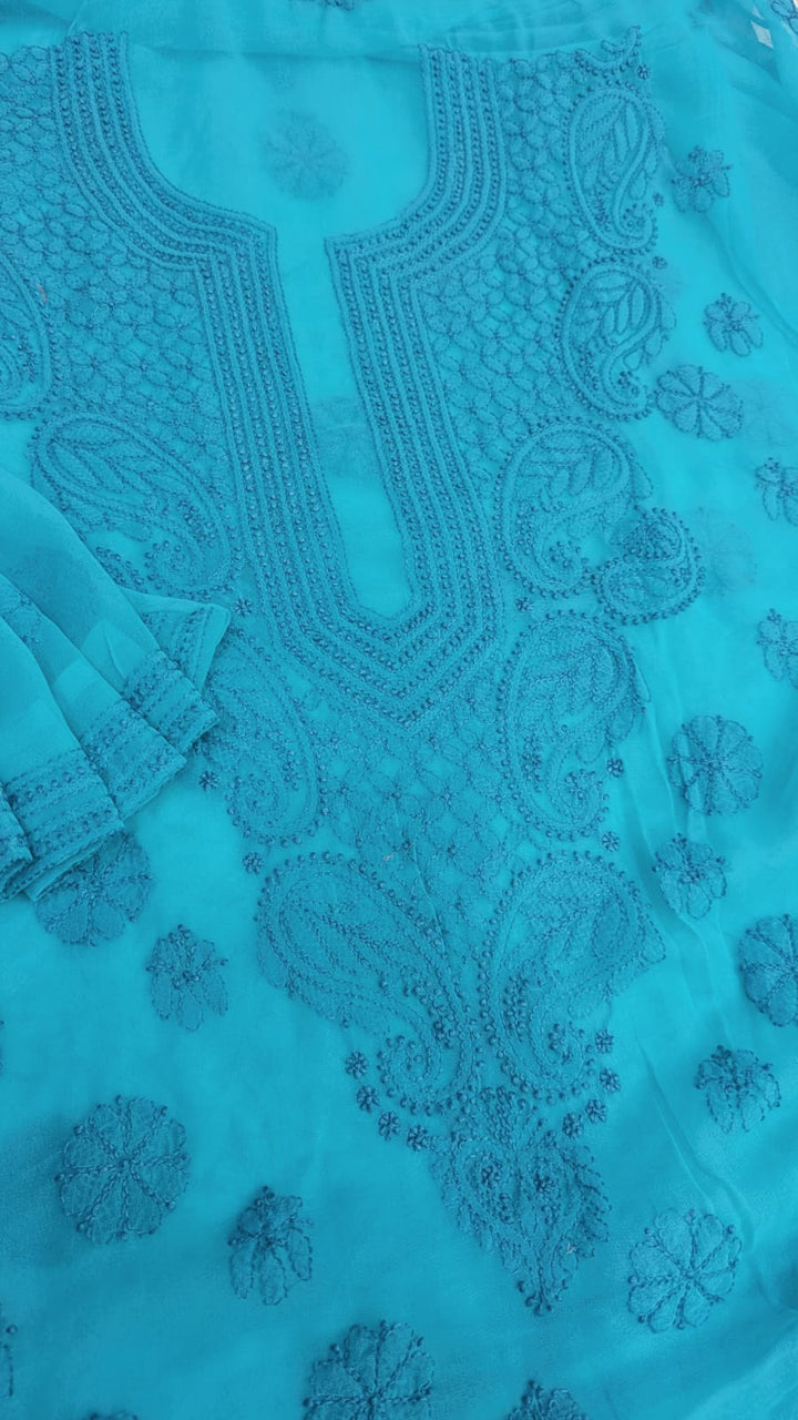 Lucknowi Georgette Chikankari Dress Material – Hand Embroidery Kurta, Bottom & Dupatta | Festive Queen Shades