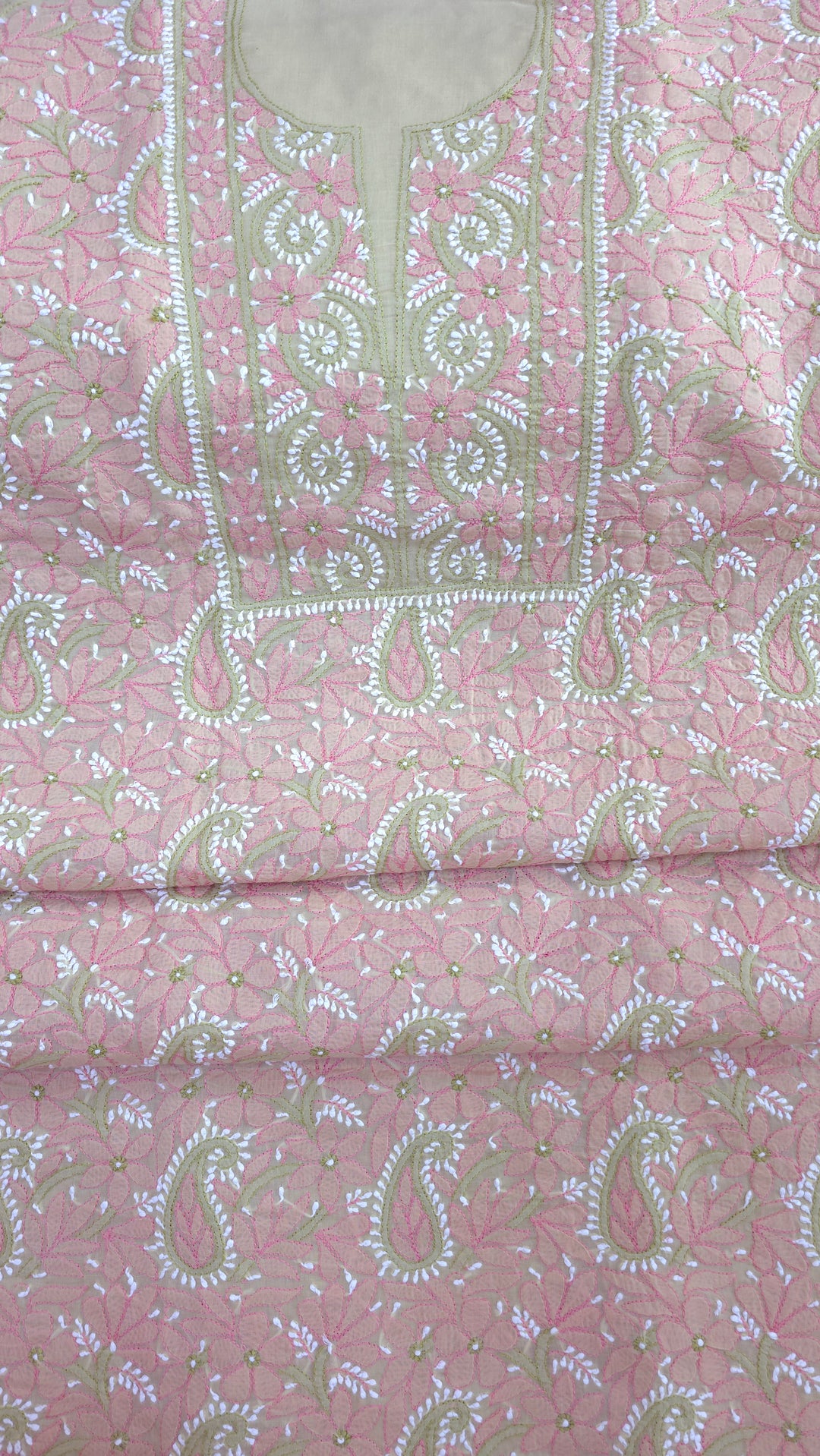 Lucknow Chikankari Hand Embroidered Cotton Dress Material with Tri-Color Motifs & Pure Chiffon Dupatta