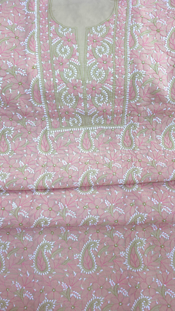 Lucknow Chikankari Hand Embroidered Cotton Dress Material with Tri-Color Motifs & Pure Chiffon Dupatta