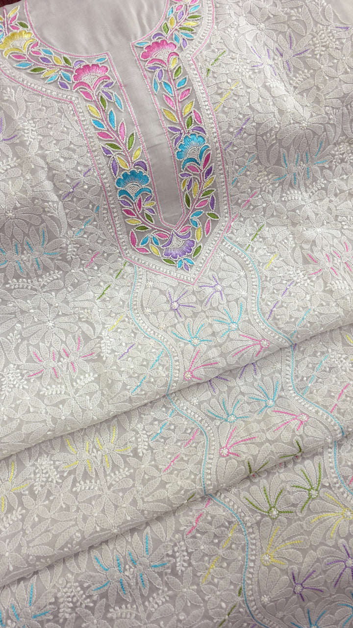 Cotton Resham Neckline chikankari dress material- Grey