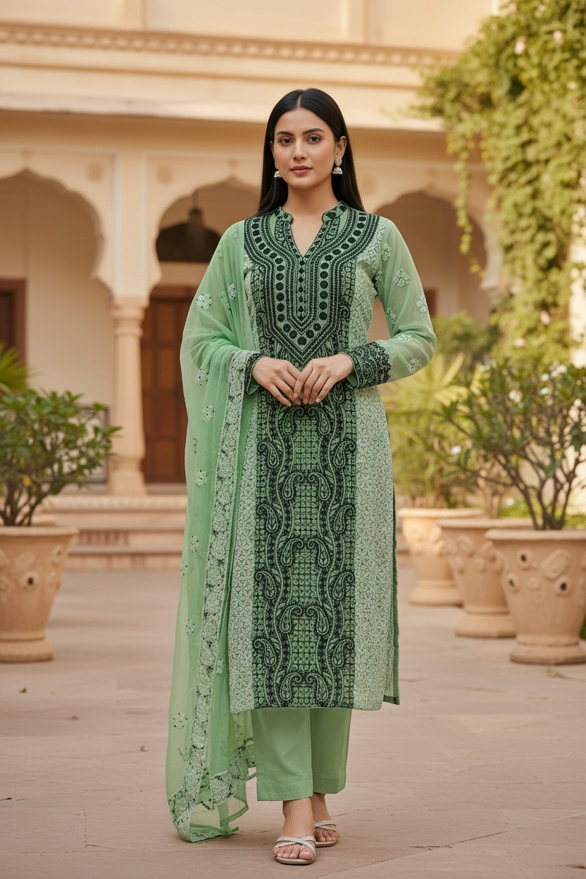 Unstitched Georgette Chikankari Dress Material | Hand Embroidered Kurta, Bottom & Dupatta