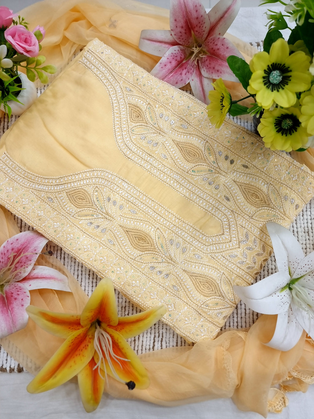 Yellow Unstitched Soft Cotton Chikankari Suit Set – Aari, Kasab & Gotta Patti Embellished with Pure Chiffon Dupatta