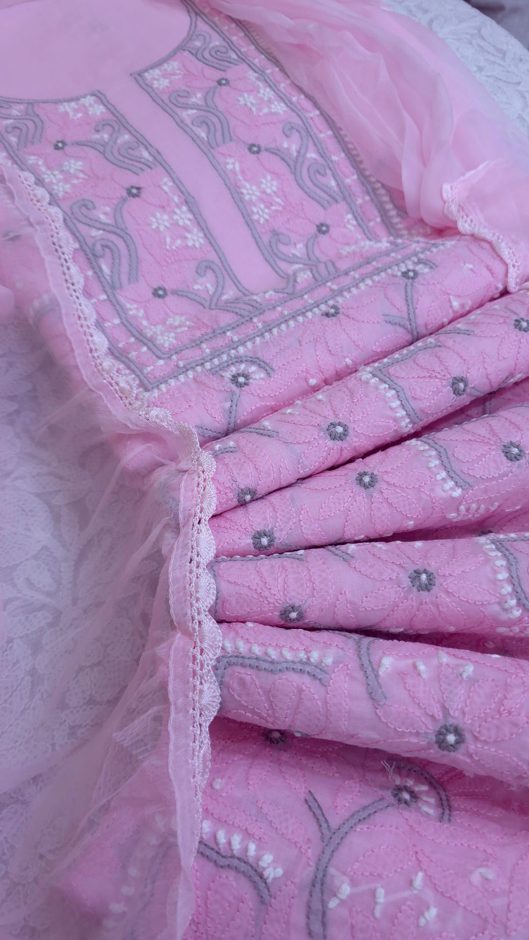 Lucknow Chikankari Hand Embroidered Cotton Dress Material with Tri-Color Motifs & Pure Chiffon Dupatta