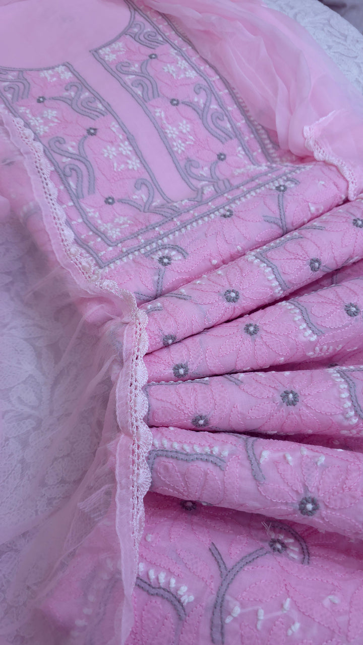 Lucknow Chikankari Hand Embroidered Cotton Dress Material with Tri-Color Motifs & Pure Chiffon Dupatta