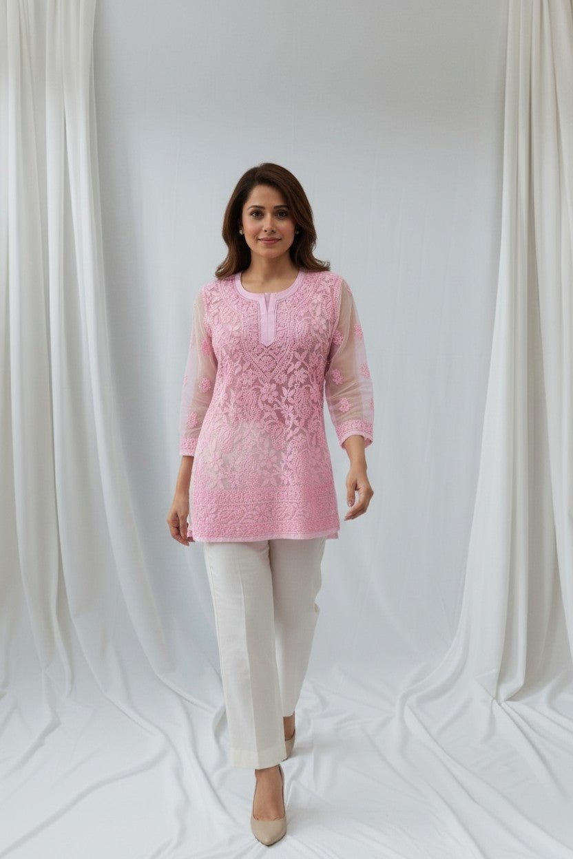 Siya Premium Faux Georgette Chikankari short  Top |28" approx long/Lucknow Hand Embroidery  | Paridhan Chikan
