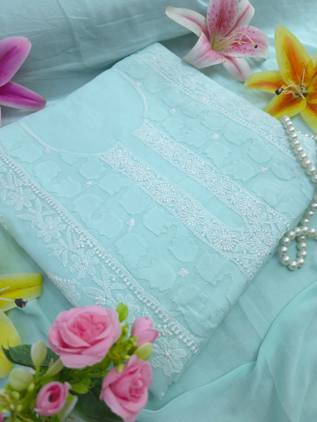 Darz Lucknowi Chikankari  Dress Material – Handmade Cotton Suit with Chiffon Dupatta