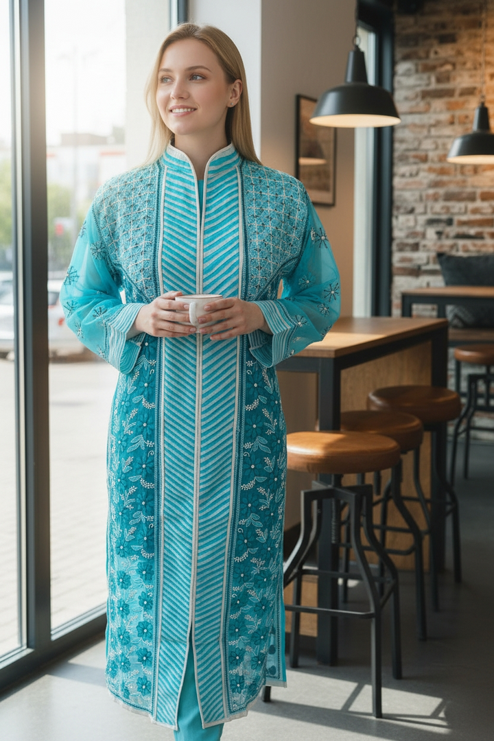 Georgette Lucknowi Chikankari Long Kurti | 100% Hand Embroidered| No Shrinkage