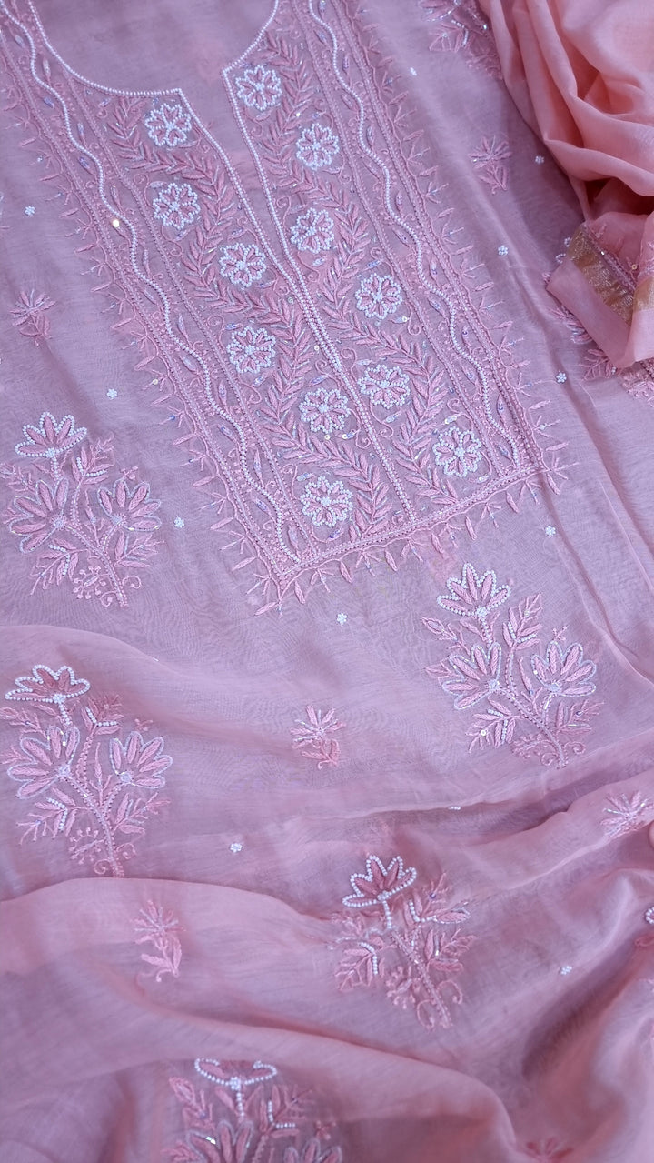 Premium Mul Chanderi Supersoft Dyeable Chikankari Dress Material | Hand Embroidered with Pearls & Cutdaana | Kurta & Dupatta Set