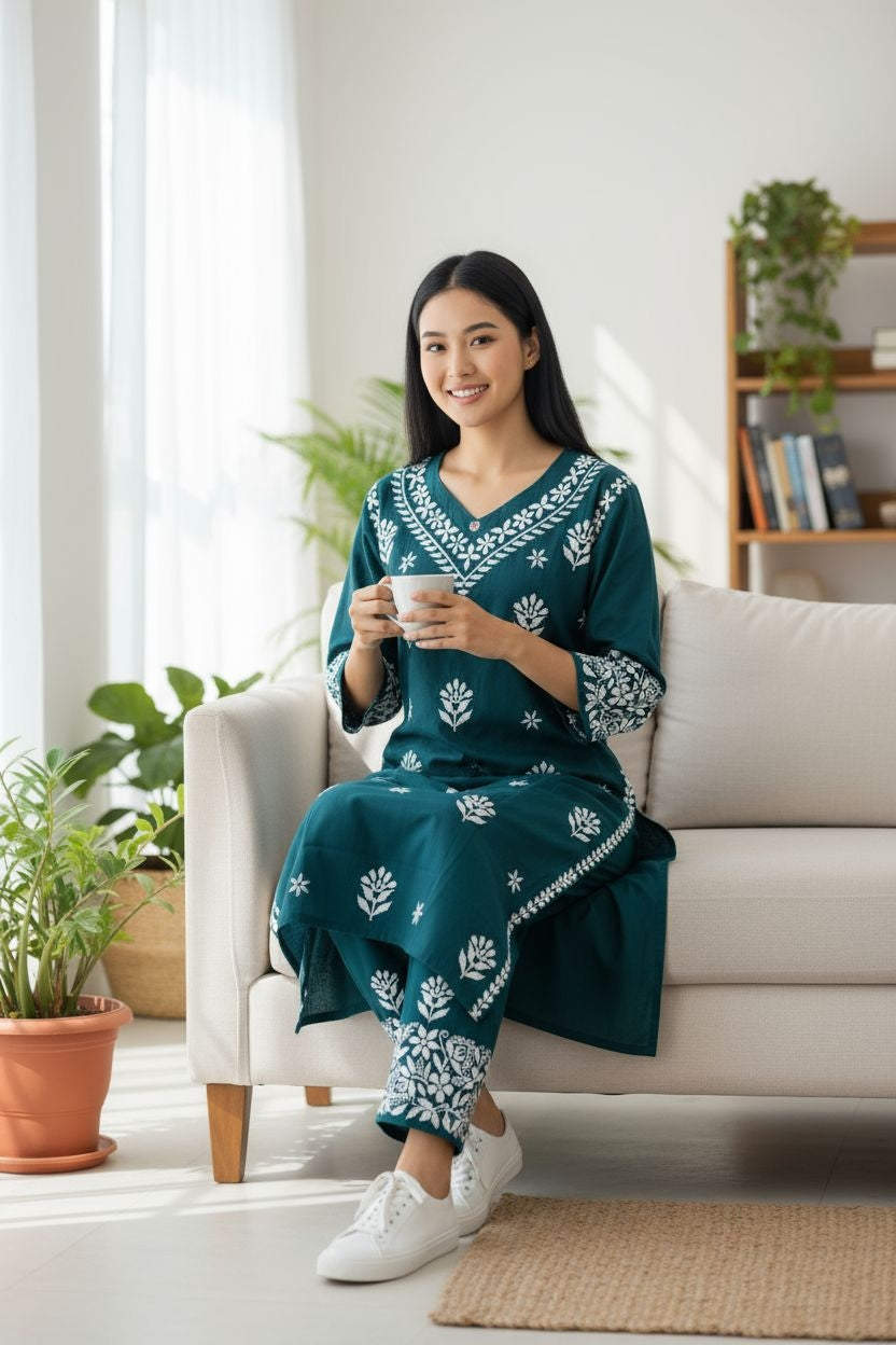 Hand Embroidery Chikankari Muslin Kurta Pant set - Teal Blue