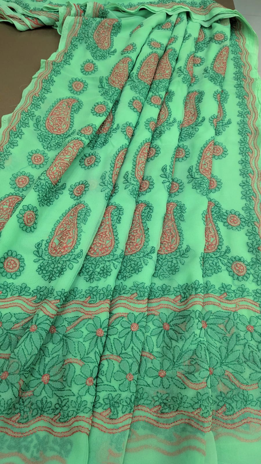 Faux Georgette Hand Chikankari Saree with Exclusive Border & designer Palla Design | Embroidered Blouse Included | Authentic Lucknow Handicraft by Paridhan Chikan