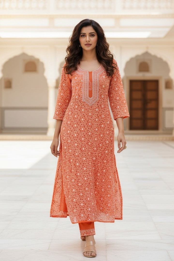 Faux Georgette Chikankari Hand Embroidered Unstitched Kurta Fabric – 3 Meter