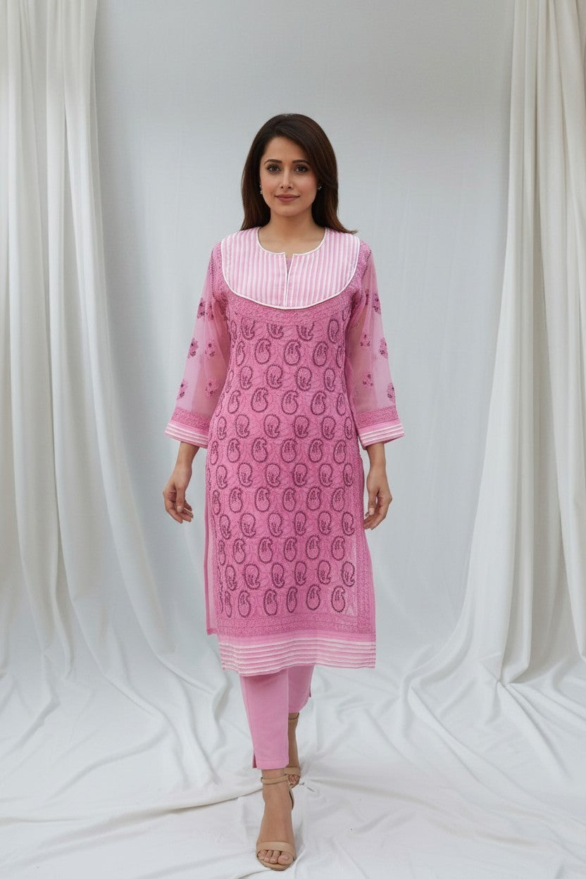 Women’s Georgette Chikankari Kurti – Designer Hand Embroidered Lucknowi Craft by Paridhan Chikan
