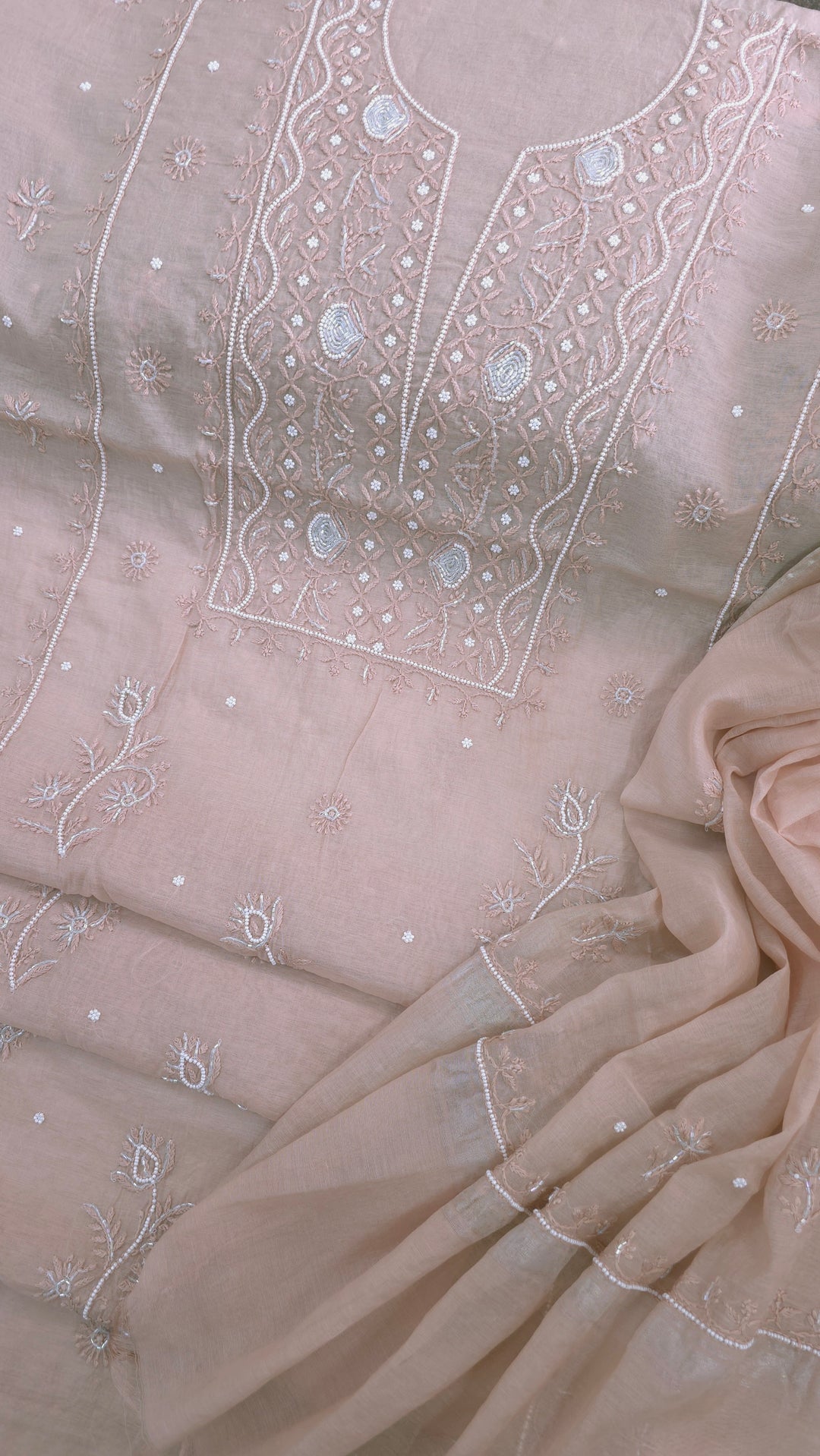 Premium Mul Chanderi Supersoft Dyeable Chikankari Dress Material | Hand Embroidered with Pearls & Cutdaana | Kurta & Dupatta Set