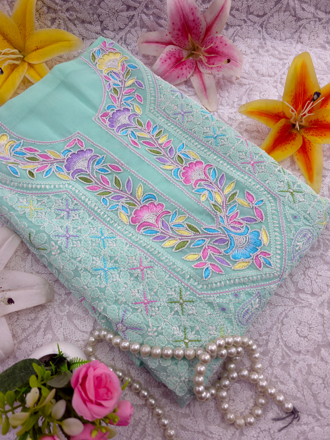 Cotton Resham Neckline chikankari dress material- Sea Green
