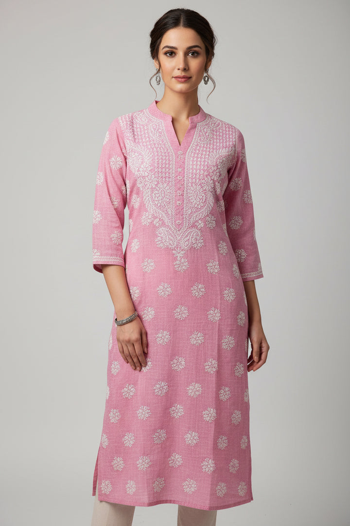 Pure Cotton Linen Lucknowi Chikankari Long Kurti | 100% Hand Embroidered | Non-Transparent | No Shrinkage
