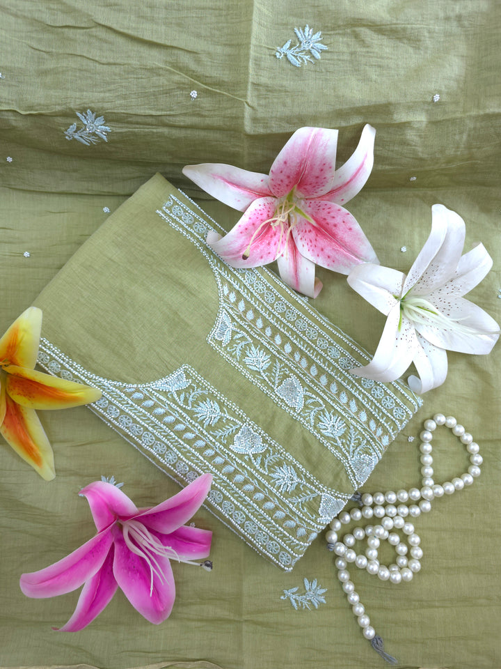Premium Mul Chanderi Pearl, Cutdana & Kasab Hand Embroidered Unstitched Suit Set