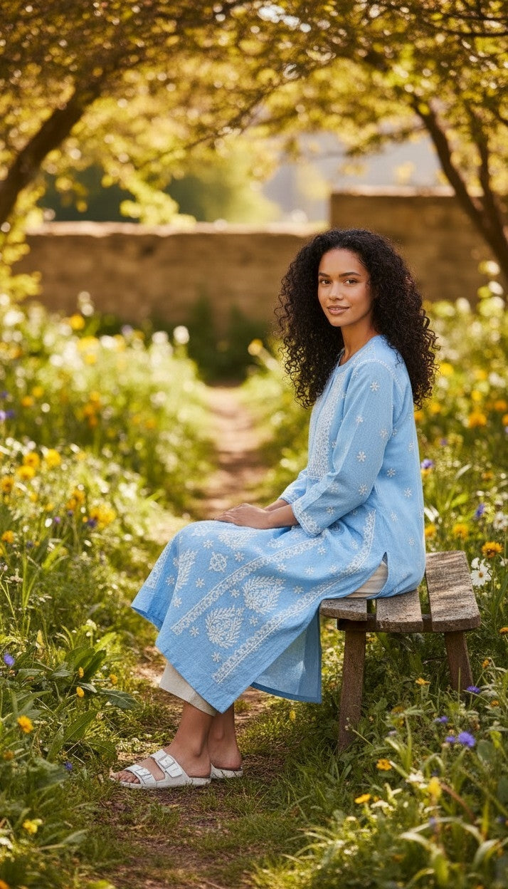 Hand Embroidery Chikankari Linen Kurti - Light Blue