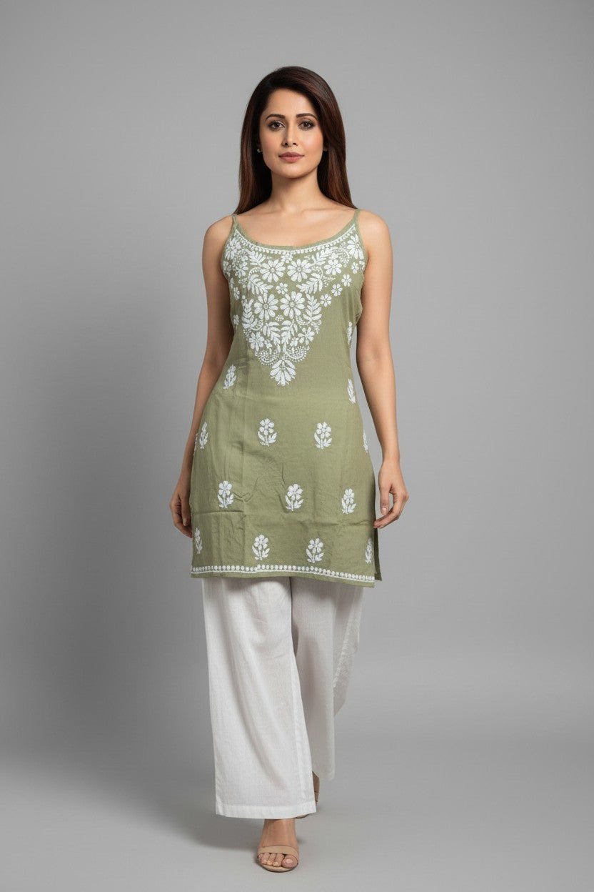 Heer Pure modal Chikankari noodle strap  Top | Lucknow Hand Embroidery | Soft Cotton modal Women's Top | Paridhan Chikan