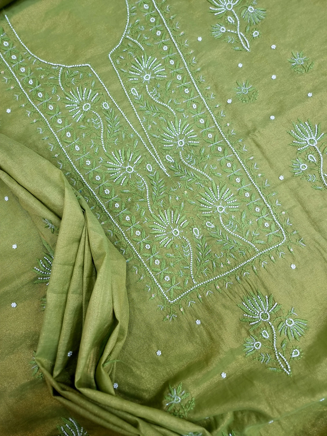 Soft Tissue Chikankari Unstitched Dress Material | 3 Taar Hand Embroidery with Pearl & Cutdana Work + Golden Border Dupatta