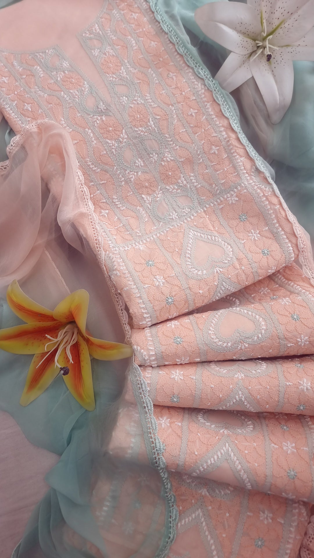 Lucknow Chikankari Hand Embroidered Cotton Dress Material with Tri-Color Motifs & Pure Chiffon Dupatta