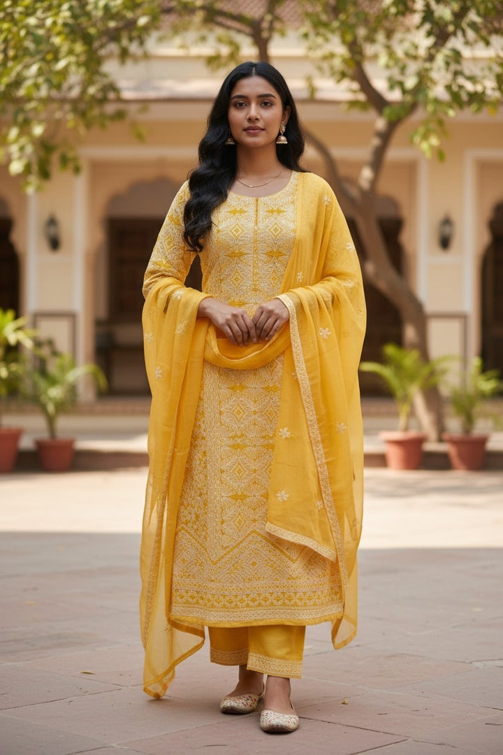 Unstitched Georgette Chikankari Dress Material | Hand Embroidered Kurta, Bottom & Dupatta