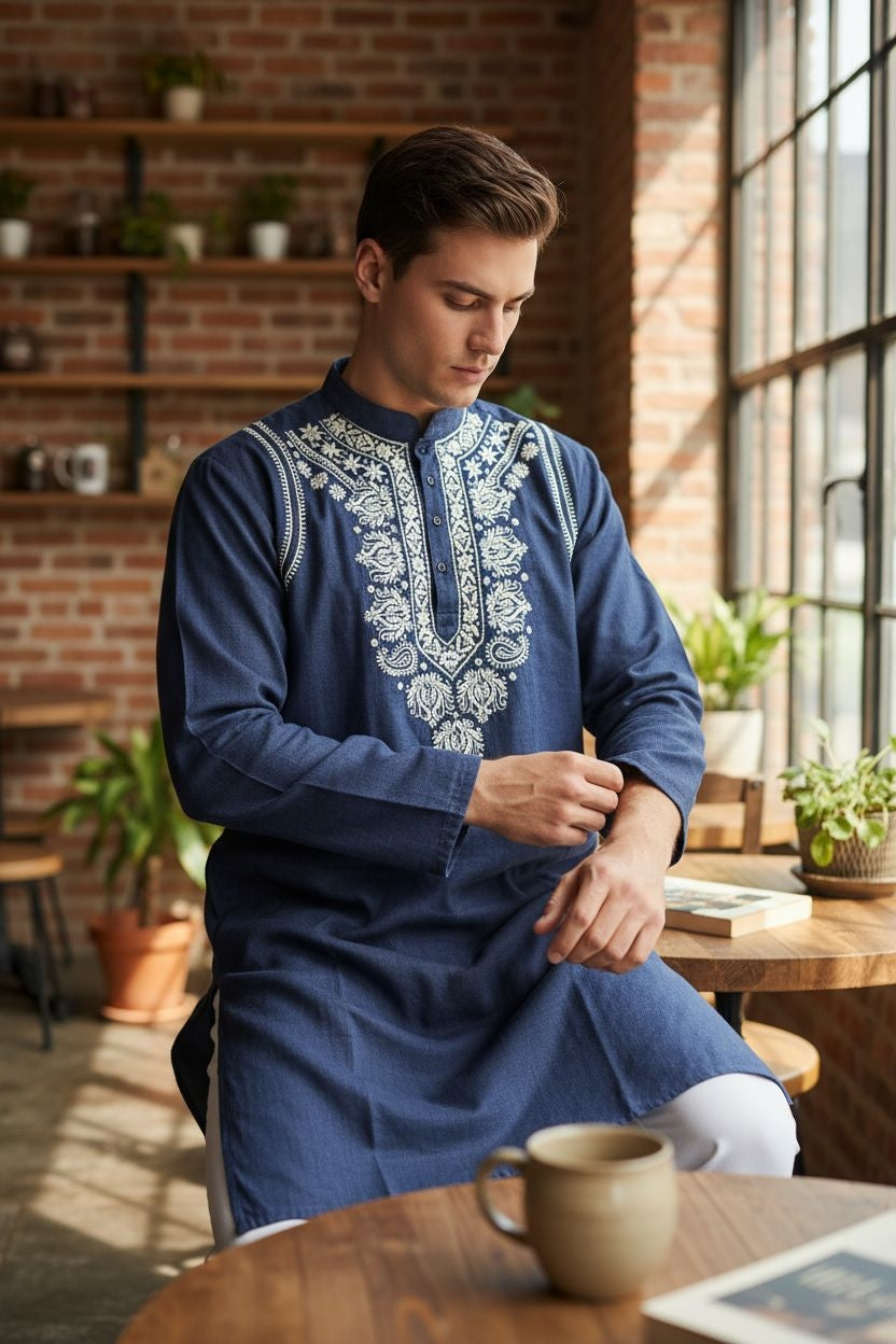 Gents Denim Lucknowi Chikankari Hand Embroidered Kurta – Soft, Stylish & Comfortable
