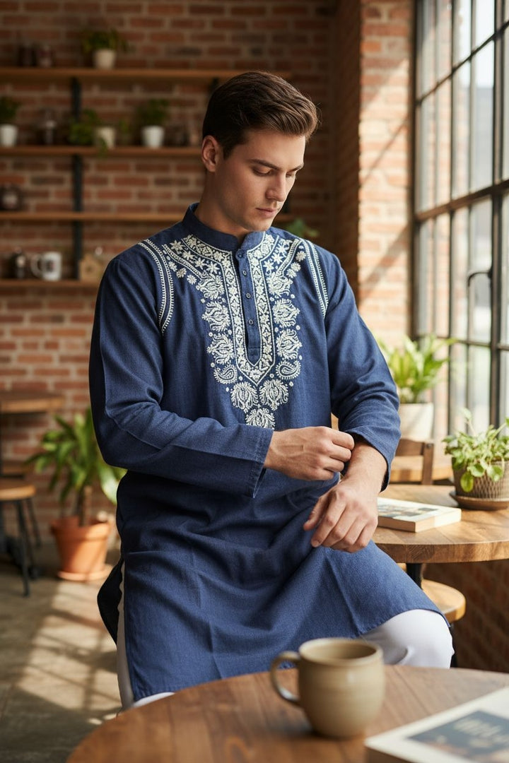 Gents Denim Lucknowi Chikankari Hand Embroidered Kurta – Soft, Stylish & Comfortable