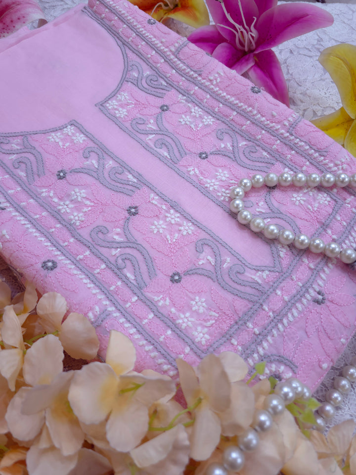 Lucknow Chikankari Hand Embroidered Cotton Dress Material with Tri-Color Motifs & Pure Chiffon Dupatta