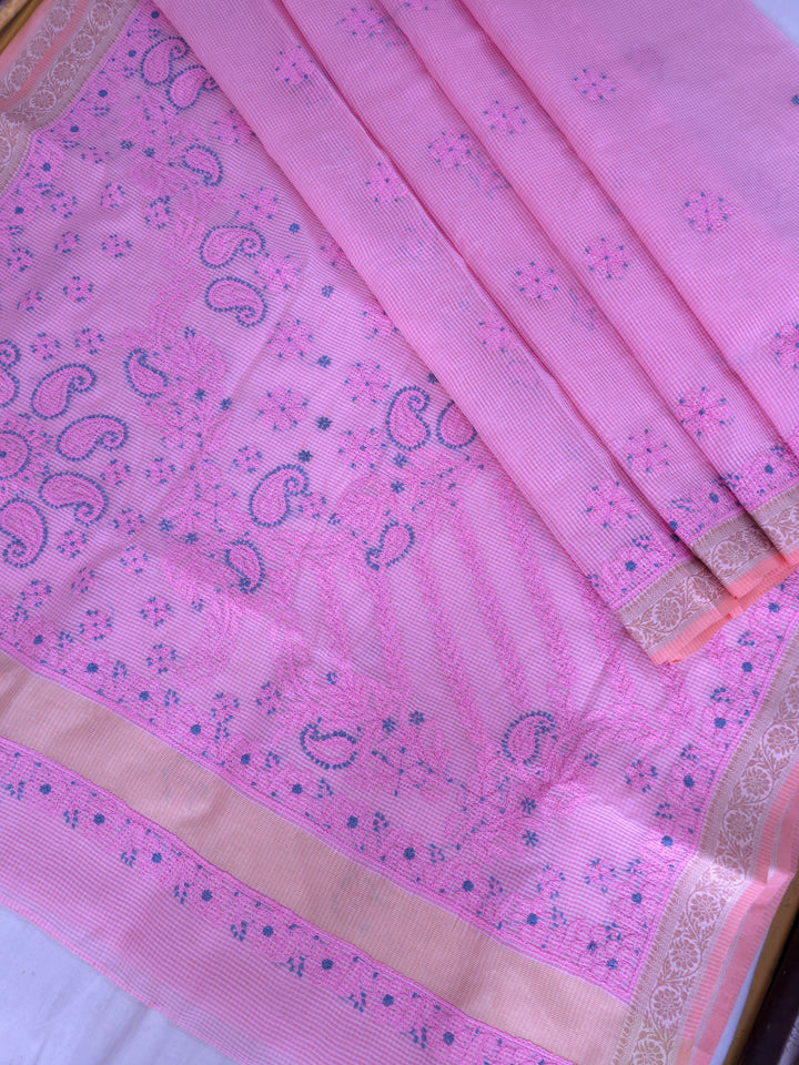 Hand Embroidered Chikankari Banarasi Silk Saree with Intricate Border & Palla Pattern – Includes  Blouse | Paridhan Chikan