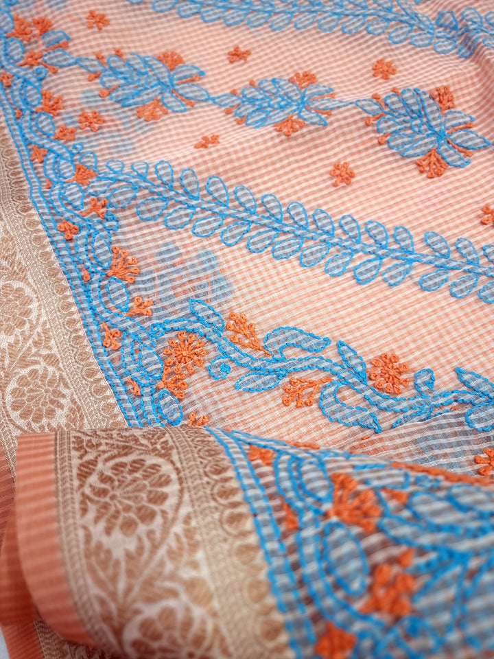 Hand Embroidered Chikankari Banarasi Silk Saree with Intricate Border & Palla Pattern – Includes  Blouse | Paridhan Chikan