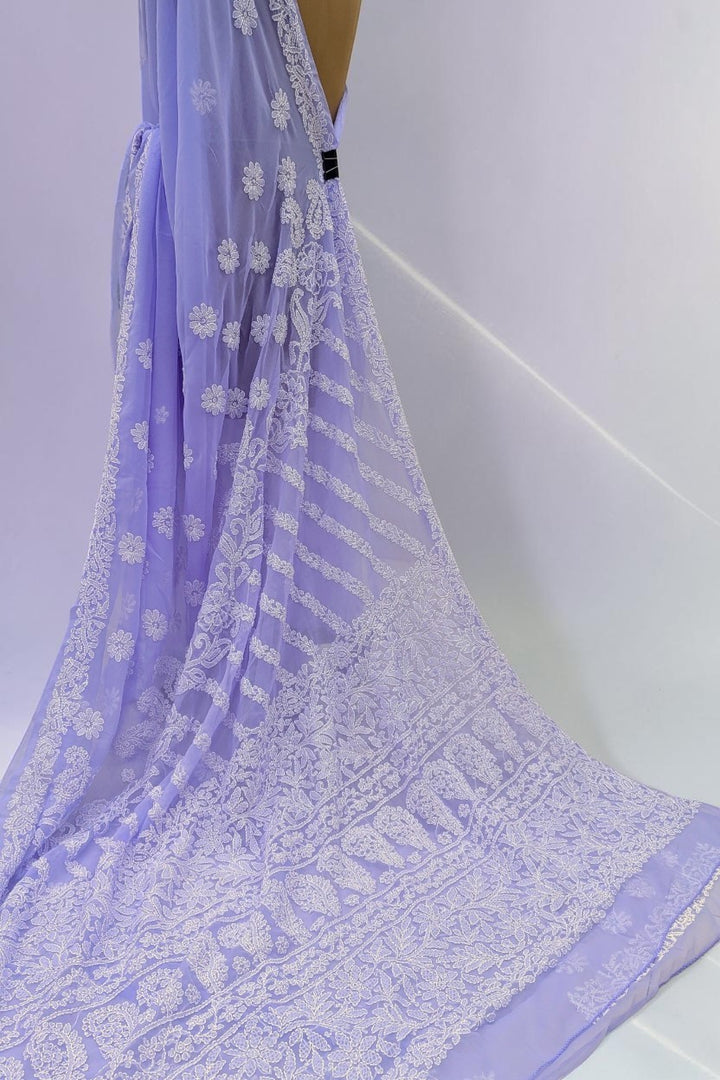 Faux Georgette Hand Chikankari Saree with Exclusive Border & Palla Design | Embroidered Blouse Included | Authentic Lucknow Handicraft by Paridhan Chikan