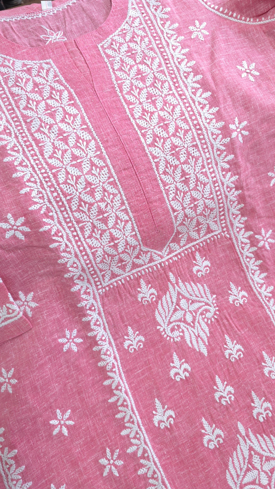 Hand Embroidery Chikankari Linen Kurti - Pink