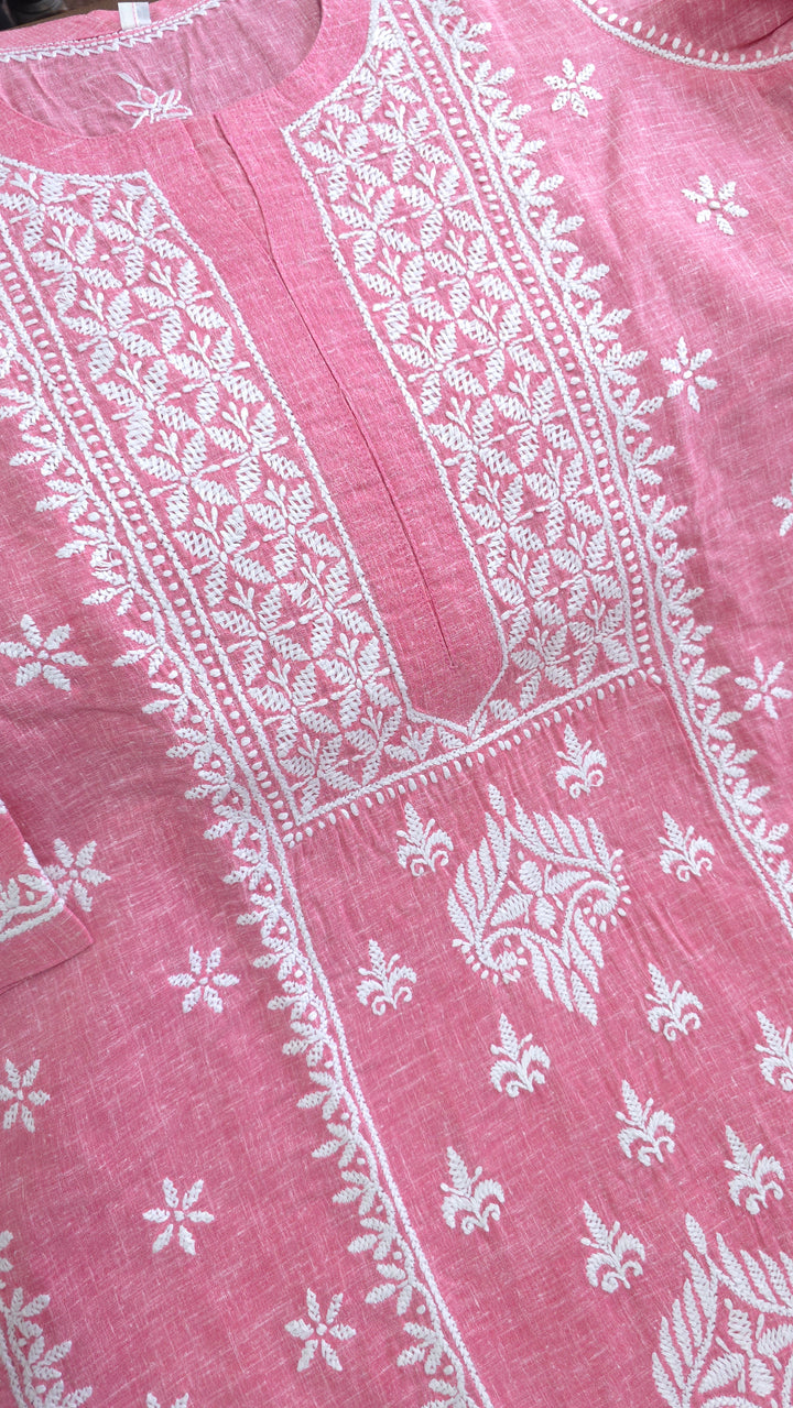 Hand Embroidery Chikankari Linen Kurti - Pink