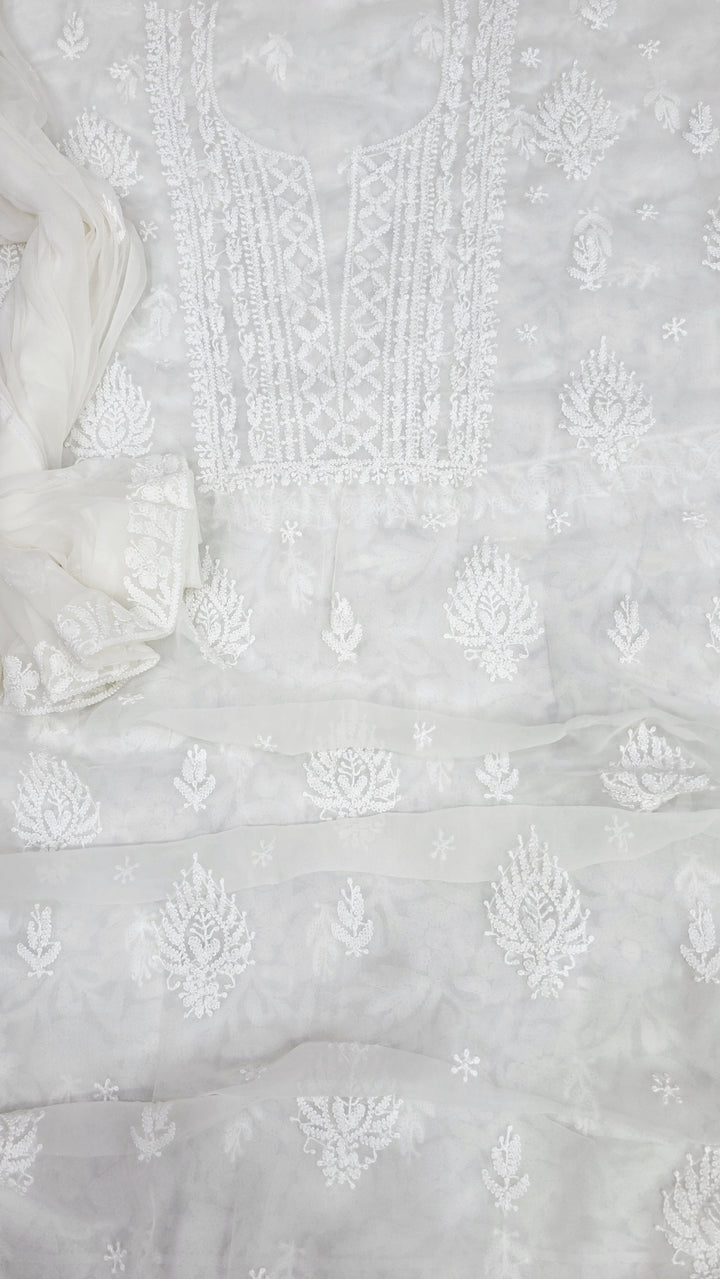 Lucknowi Georgette Chikankari Dress Material – Hand Embroidery Kurta, Bottom & Dupatta | Festive Queen Shades