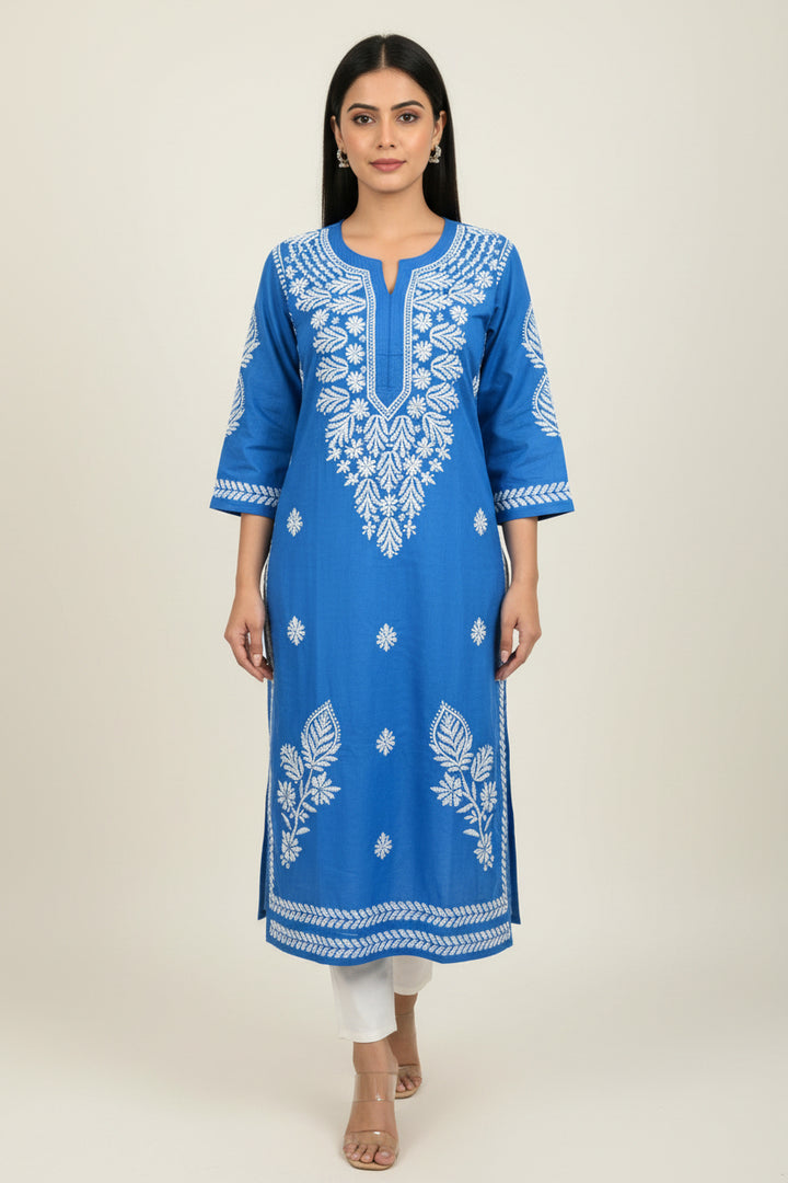 Pure Cotton Linen Lucknowi Chikankari Long Kurti | 100% Hand Embroidered | Non-Transparent | No Shrinkage