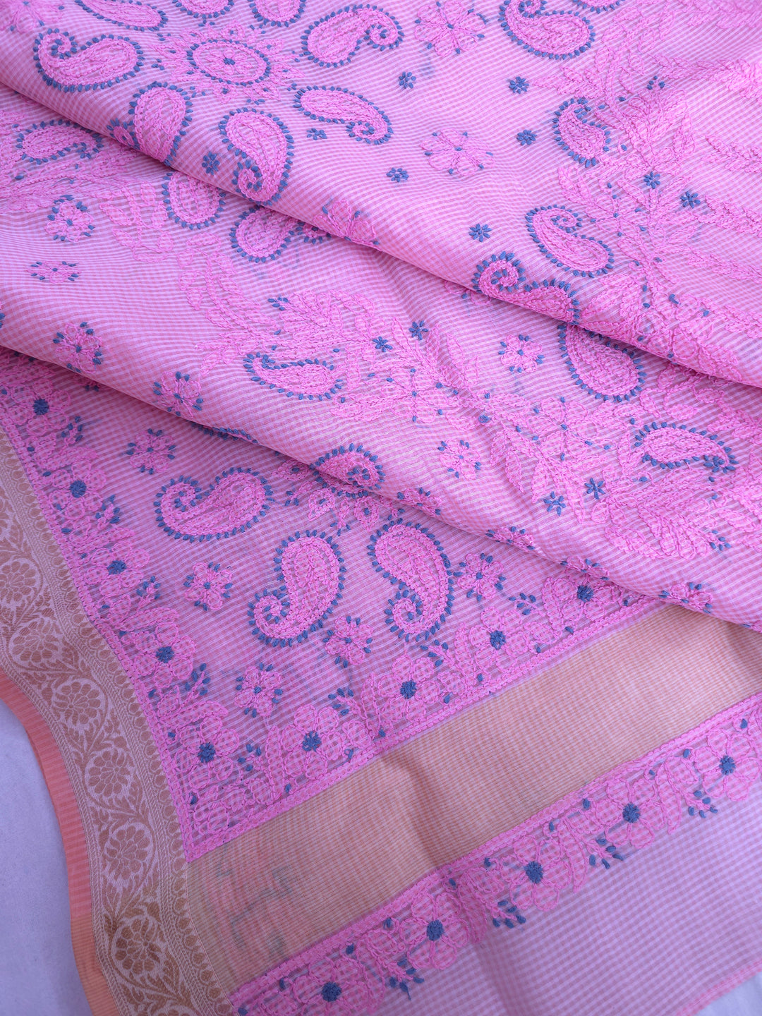 Hand Embroidered Chikankari Banarasi Silk Saree with Intricate Border & Palla Pattern – Includes  Blouse | Paridhan Chikan