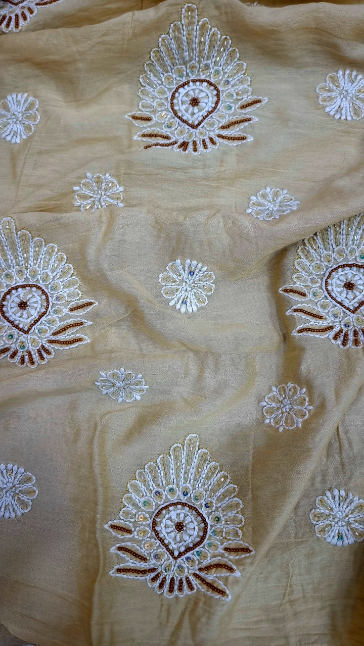 Lucknowi Chikankari Chanderi Fabric – Hand-Embroidered Kurta & Dupatta with Pearl, Resham & Badla Work