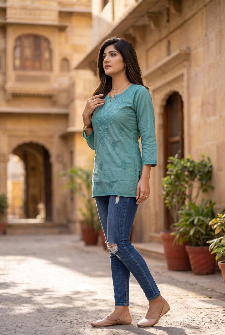 Saanvi Pure Cotton Buti Colored Thread Chikankari Top | Lucknow Hand Embroidery | Soft Cotton Women's Top | Paridhan Chikan