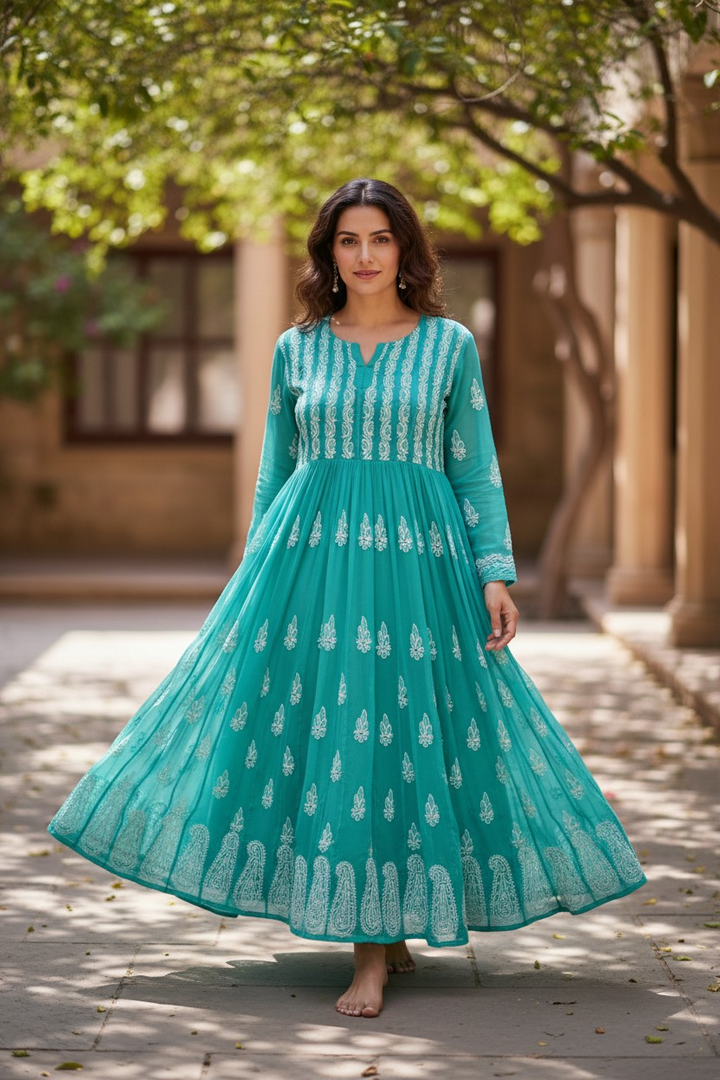 Georgette Lucknowi Chikankari 50" Long Anarkali Kurti | 100% Hand Embroidered| No Shrinkage