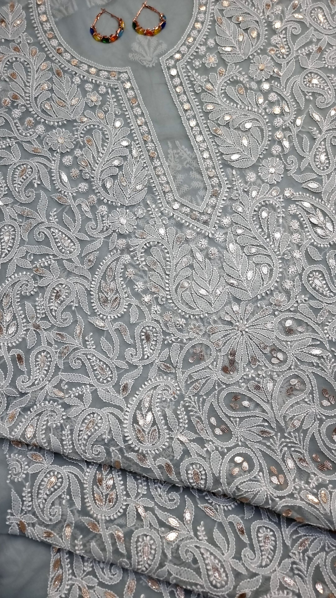 Faux Georgette Chikankari Hand Embroidered Unstitched Kurta Fabric with Gota Patti – 3 Meter