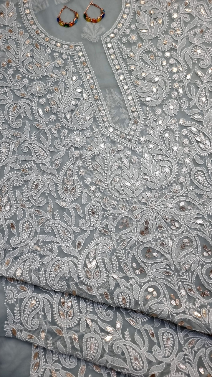 Faux Georgette Chikankari Hand Embroidered Unstitched Kurta Fabric with Gota Patti – 3 Meter