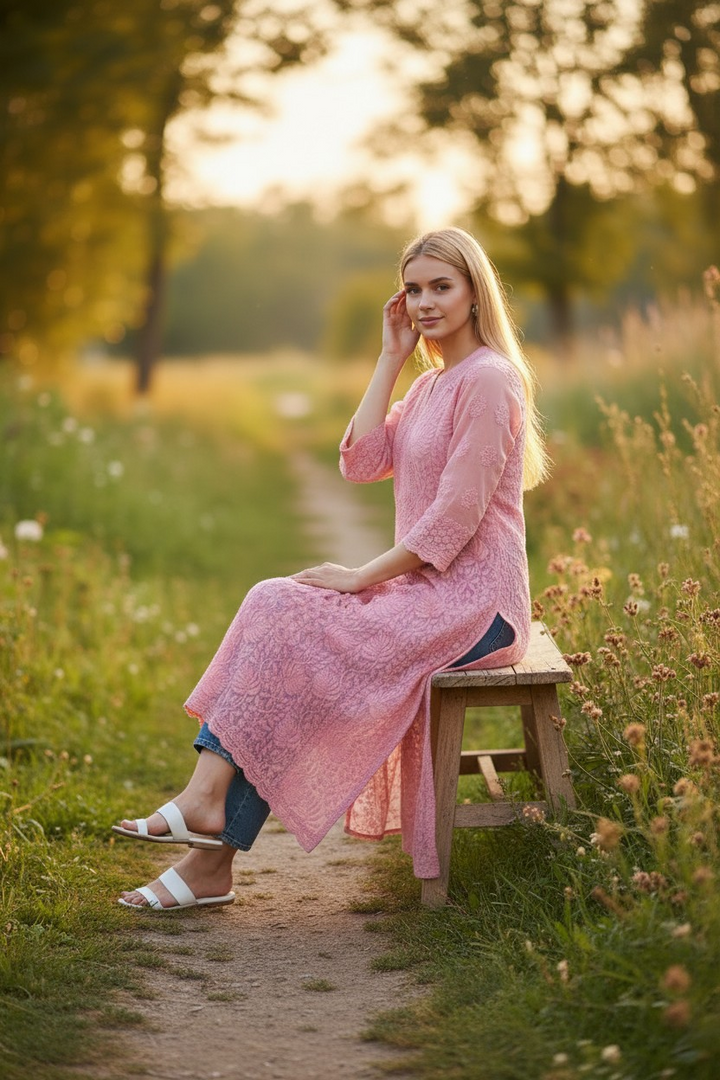 Georgette chikankari long kurti