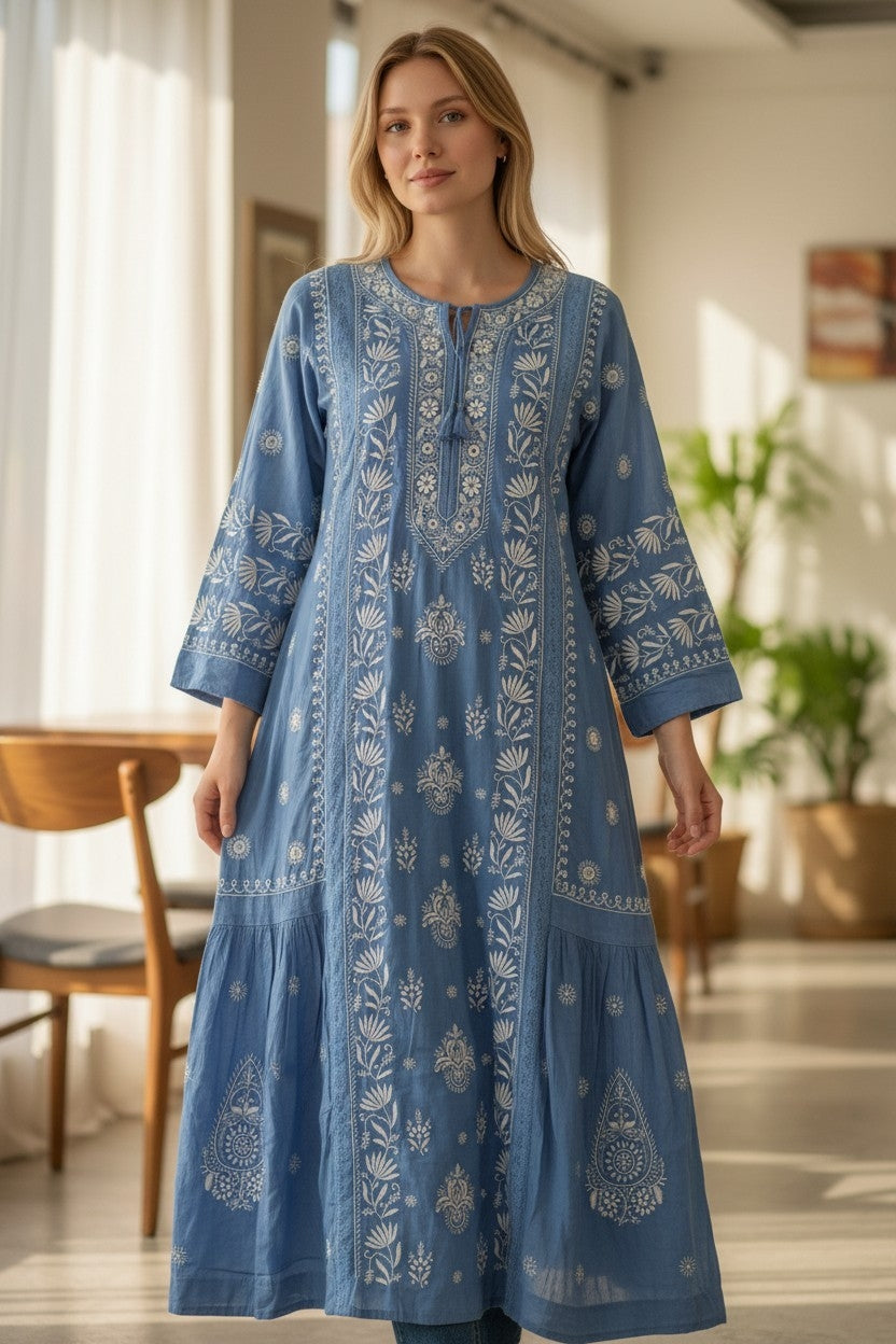 Pure Muslin luxurious long dress with *2 taar chikankari work* Length 50 " approx
