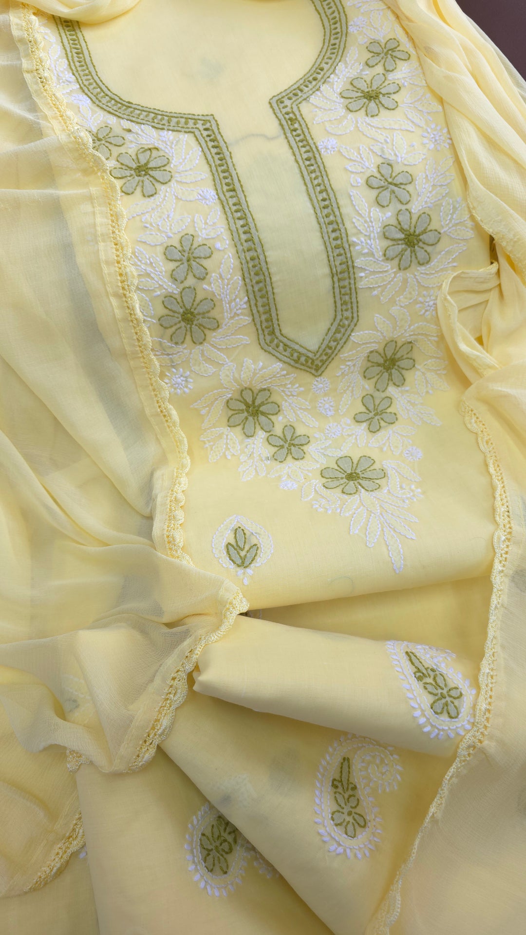 Paridhan Chikan Premium Cool Cotton Chikankari Dress Material Set with Hand Embroidered Kurta, Bottom & Chiffon Dupatta with Handmade Crochet Border