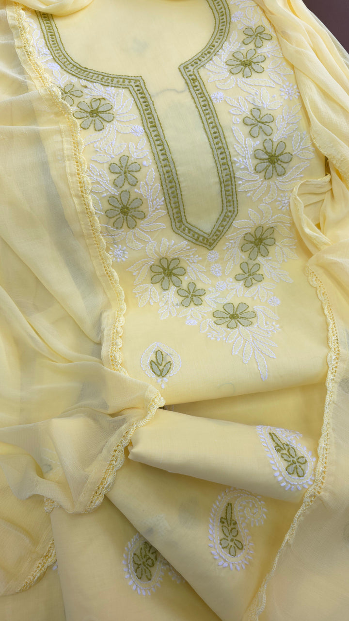 Paridhan Chikan Premium Cool Cotton Chikankari Dress Material Set with Hand Embroidered Kurta, Bottom & Chiffon Dupatta with Handmade Crochet Border
