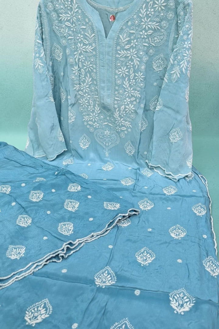 Luxe-Pure crepe luxurious kurti sharara set with *2 taar chikankari work*