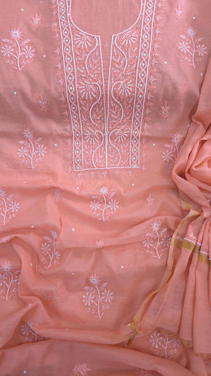Premium Mul Chanderi Supersoft Dyeable Chikankari Dress Material | Hand Embroidered with Pearls & Cutdaana | Kurta & Dupatta Set