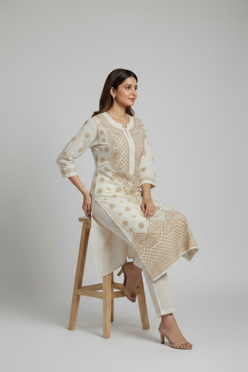 Pure Cotton Linen Lucknowi Chikankari Long Kurti | 100% Hand Embroidered | Non-Transparent | No Shrinkage
